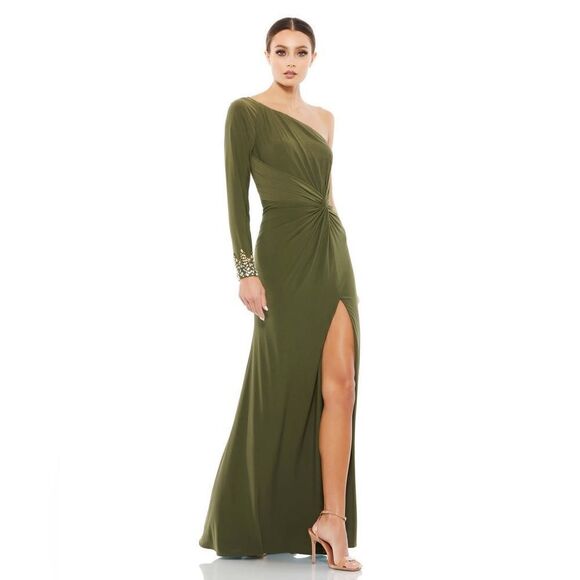 NWT Mac Duggal One Sleeve Beaded Cuff Side Twist Gown Olive 8 55696 - Picture 1 of 10